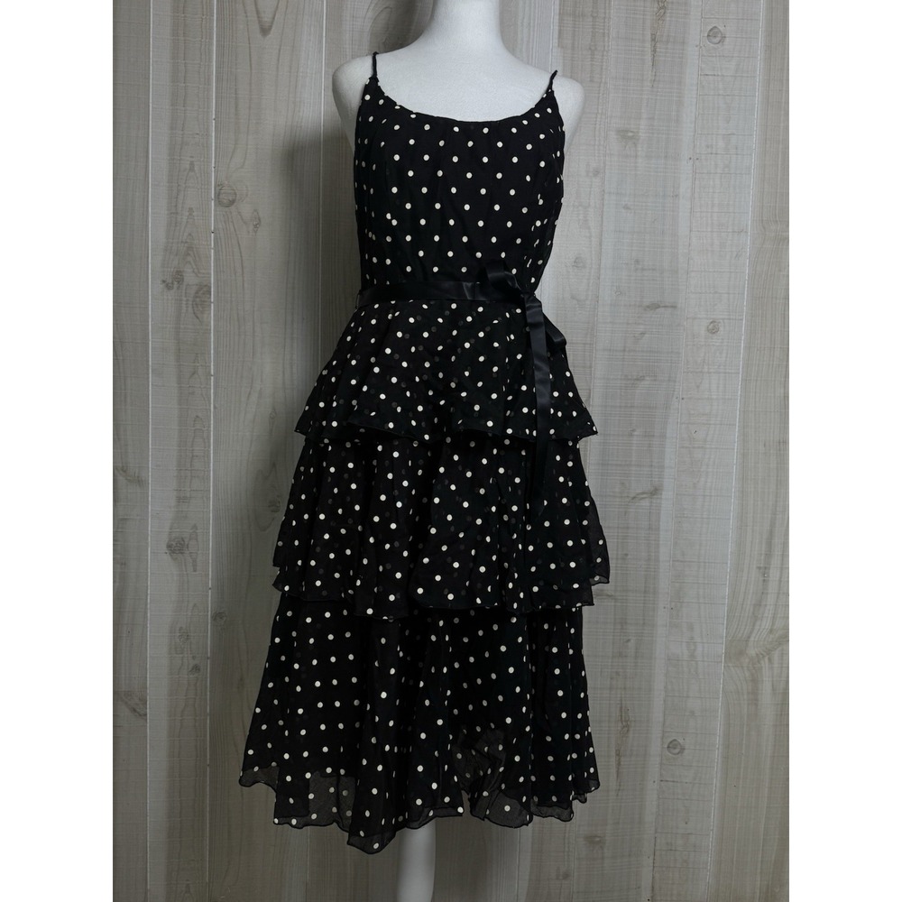 VTG Black Cream Polka Dot Dress Sleeveless Maxi Midi Vintage 7-10 Retro Ruffle